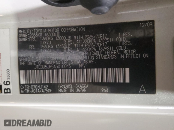 2010 Toyota 4Runner Trail with VIN JTEBU5JR5A5010045, listed as a Copart auction lot 45978725 with 195,221 mi miles and Salvage Title. Bid and sale history available at DreamBid. Image 15.