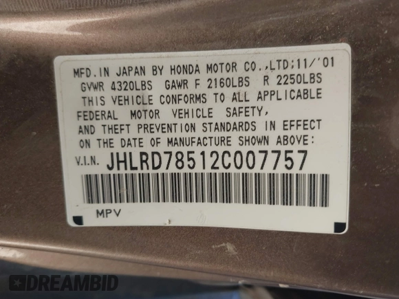 2002 Honda CR-V LX z VIN JHLRD78512C007757, wystawiony jako IAAI lot #41885302 z przebiegiem 177 892 mil mil oraz . Historia ofert i sprzedaży dostępna na DreamBid. Obrazek 9.