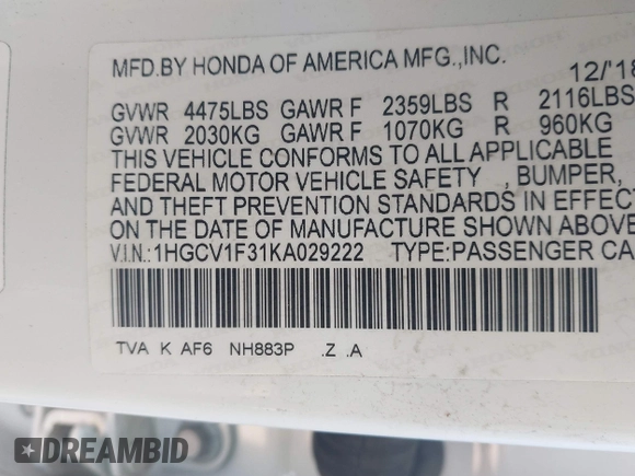 2019 Honda Accord Sport with VIN 1HGCV1F31KA029222, listed as a IAAI auction lot 42482885 with 89,612 mi miles and . Bid and sale history available at DreamBid. Image 9.