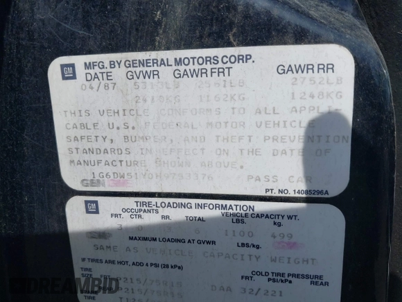 1987 Cadillac Brougham z VIN 1G6DW51Y0H9753376, wystawiony jako IAAI lot #42114437 z przebiegiem 69 484 mil mil oraz . Historia ofert i sprzedaży dostępna na DreamBid. Obrazek 9.