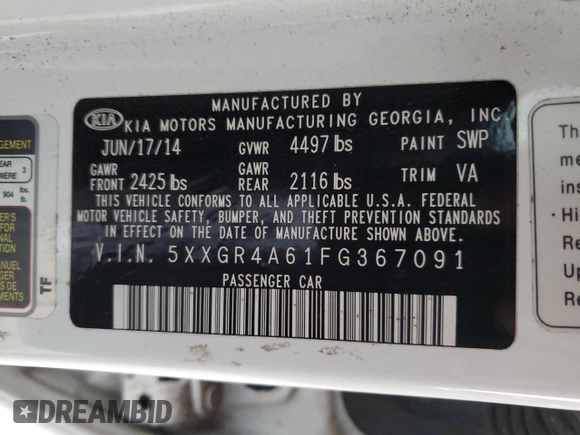 2015 Kia Optima SX Turbo with VIN 5XXGR4A61FG367091, listed as a Copart auction lot 50038995 with 106,003 mi miles and Clean Title. Bid and sale history available at carsss.com. Image 13.