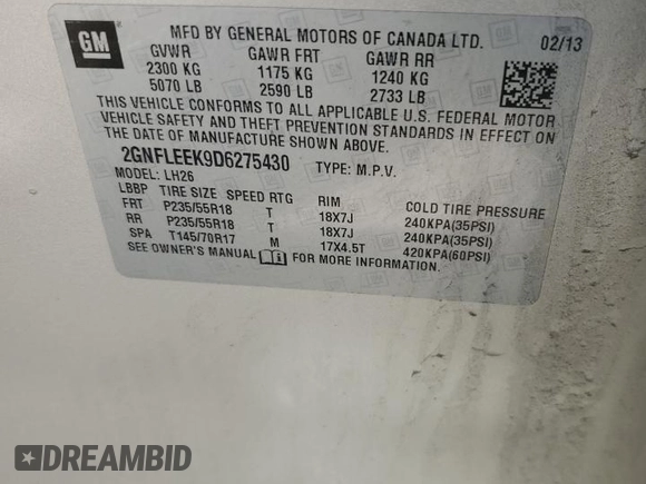 2013 Chevrolet Equinox LT with VIN 2GNFLEEK9D6275430, listed as a Copart auction lot 52735935 with Not Provided miles and Salvage Title. Bid and sale history available at DreamBid. Image 13.