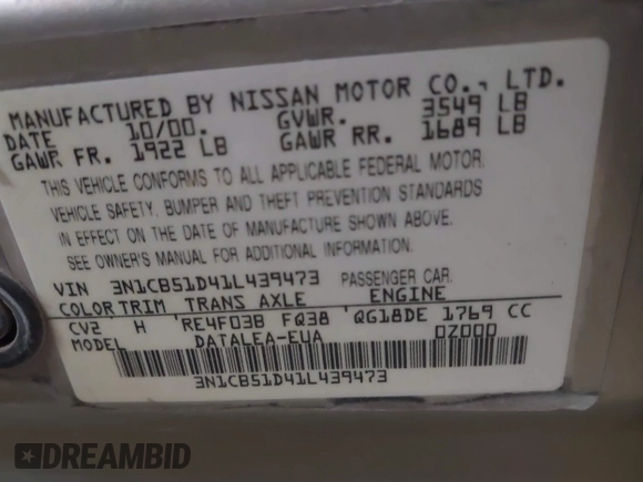 2001 Nissan Sentra GXE with VIN 3N1CB51D41L439473, listed as a IAAI auction lot 41871848 with 129,834 mi miles and . Bid and sale history available at DreamBid. Image 9.