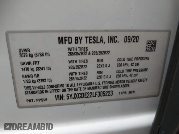 2020 Tesla Model X Long Range with VIN 5YJXCDE22LF305223, listed as a IAAI auction lot 41989862 with 48,309 mi miles. Bid and sale history available at carsss.com. Image 9.
