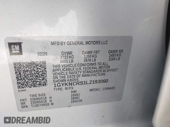 2020 Cadillac XT5 Premium Luxury FWD with VIN 1GYKNCRS1LZ193060, listed as a IAAI auction lot 41600373 with Not provided miles and . Bid and sale history available at DreamBid. Image 9.