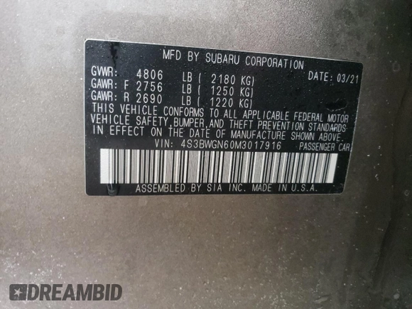 2021 Subaru Legacy Limited XT with VIN 4S3BWGN60M3017916, listed as a Copart auction lot 82842684 with 23,149 mi miles and Salvage title. Bid and sale history available at DreamBid. Image 14.