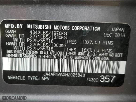 2017 Mitsubishi Outlander Sport SEL 2.4 with VIN JA4AR4AWXHZ025848, listed as a Copart auction lot 48396745 with 53,843 mi miles and Salvage Title. Bid and sale history available at carsss.com. Image 14.