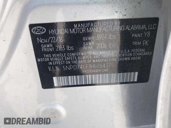 2017 Hyundai Elantra SE with VIN 5NPD74LF1HH164375, listed as a IAAI auction lot 42676445 with 159,486 mi miles and . Bid and sale history available at DreamBid. Image 9.