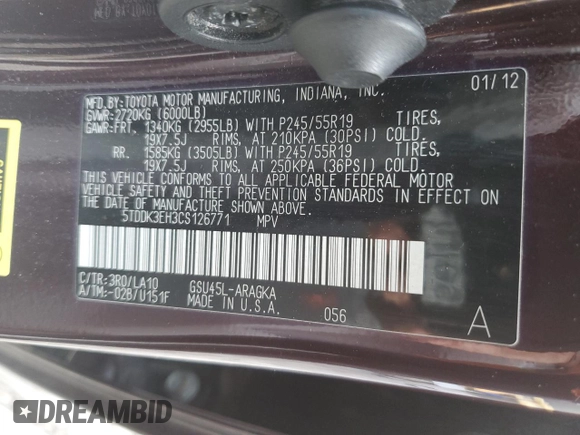2012 Toyota Highlander Limited with VIN 5TDDK3EH3CS126771, listed as a Copart auction lot 61068925 with 284,891 mi miles and Non repairable. Bid and sale history available at DreamBid. Image 13.