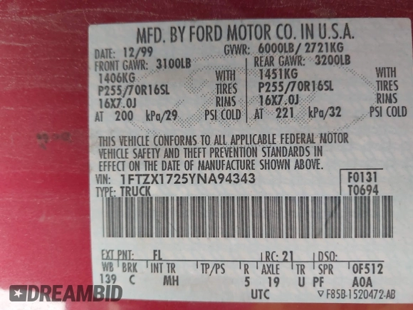 2000 Ford F-150 XL with VIN 1FTZX1725YNA94343, listed as a IAAI auction lot 41659358 with 295,337 mi miles. Bid and sale history available at carsss.com. Image 9.