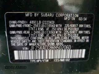 2024 Subaru Forester Premium with VIN JF2SKACC8RH502060, listed as a Copart auction lot 58048015 with 21,948 mi miles and Salvage title. Bid and sale history available at DreamBid. Image 13.