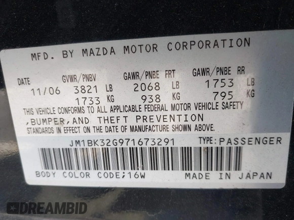 2007 Mazda 3 i Touring with VIN JM1BK32G971673291, listed as a IAAI auction lot 41916235 with 97,391 mi miles and . Bid and sale history available at DreamBid. Image 9.