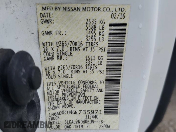 2016 Nissan Frontier SV with VIN 1N6AD0CU4GN735971, listed as a Copart auction lot 43013095 with 84,095 mi miles and Salvage title. Bid and sale history available at DreamBid. Image 15.