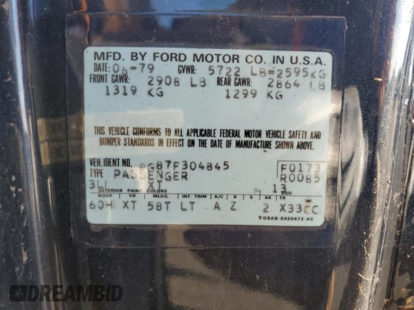 1979 Ford Thunderbird with VIN 9G87F304845, listed as a Copart auction lot 84351964 with 58,742 mi miles and Clean Title. Bid and sale history available at DreamBid. Image 12.