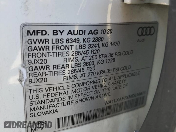 2021 Audi Q7 Premium Plus with VIN WA1LXAF7XMD016671, listed as a Copart auction lot 50274315 with 73,240 mi miles and Salvage title. Bid and sale history available at DreamBid. Image 15.