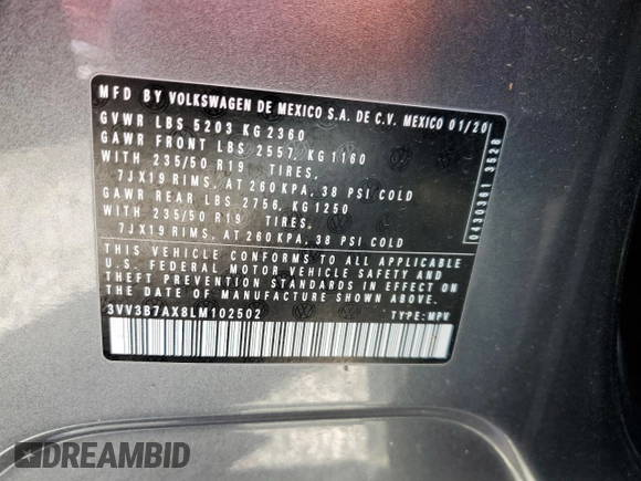 2020 Volkswagen Tiguan SE z VIN 3VV3B7AX8LM102502, wystawiony jako Copart lot #52428635 z przebiegiem 50 778 mil mil oraz Szkody całkowita. Historia ofert i sprzedaży dostępna na DreamBid. Obrazek 13.
