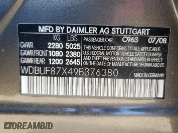 2009 Mercedes-Benz E 350 Luxury with VIN WDBUF87X49B376380, listed as a Copart auction lot 63763895 with 102,820 mi miles and Salvage title. Bid and sale history available at DreamBid. Image 12.