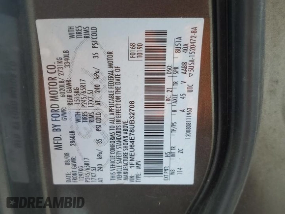 2008 Ford Explorer Eddie Bauer с VIN 1FMEU64E78UB32708, выставлен на аукционе Copart как лот 56686295 с пробегом 230 748 миль миль и На запчасти • Non repairable. История ставок и продаж доступна на DreamBid. Изображение 13.