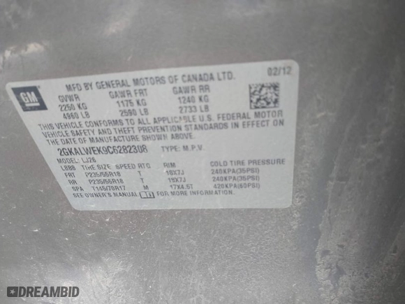 2012 GMC Terrain SLT-2 with VIN 2GKALWEK9C6282308, listed as a IAAI auction lot 41668509 with 181,976 mi miles. Bid and sale history available at carsss.com. Image 9.