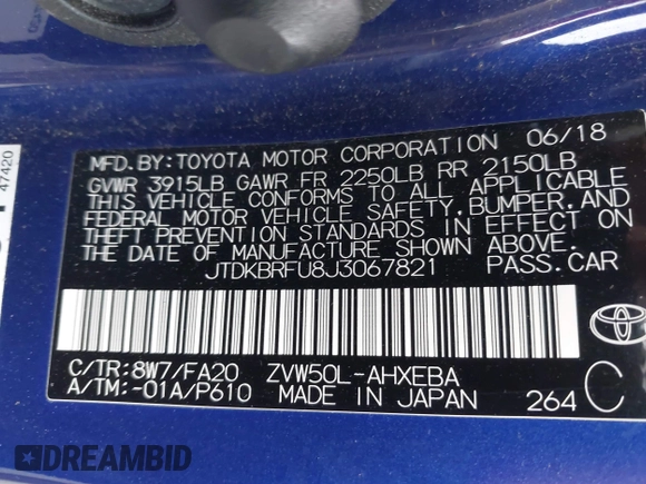 2018 Toyota Prius Two with VIN JTDKBRFU8J3067821, listed as a IAAI auction lot 41767013 with 82,285 mi miles and . Bid and sale history available at carsss.com. Image 9.