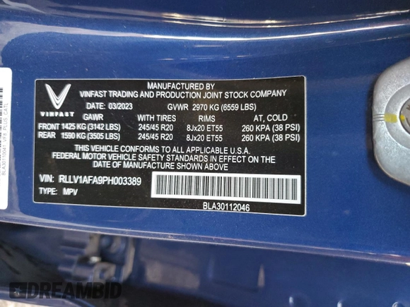 2023 VinFast VF 8 Plus z VIN RLLV1AFA9PH003389, wystawiony jako Copart lot #87636605 z przebiegiem 1 589 mil mil oraz Szkoda całkowita • Salvage title. Historia ofert i sprzedaży dostępna na DreamBid. Obrazek 14.
