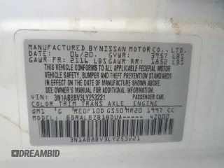 2020 Nissan Sentra S with VIN 3N1AB8BV3LY253221, listed as a Copart auction lot 87186584 with 41,380 mi miles and Salvage Title. Bid and sale history available at DreamBid. Image 12.