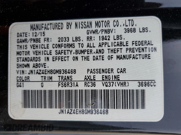 2016 Nissan 370Z with VIN JN1AZ4EH8GM936468, listed as a Copart auction lot 54618544 with 60,868 mi miles and Salvage Title. Bid and sale history available at carsss.com. Image 12.