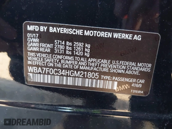 2017 BMW 7 Series 750i with VIN WBA7F0C34HGM21805, listed as a IAAI auction lot 41446797 with 88,753 mi miles and . Bid and sale history available at DreamBid. Image 9.