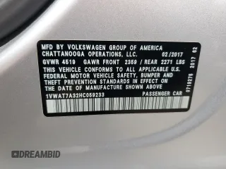 2017 Volkswagen Passat S with VIN 1VWAT7A32HC059233, listed as a Copart auction lot 58448495 with 65,534 mi miles and Salvage title. Bid and sale history available at DreamBid. Image 13.