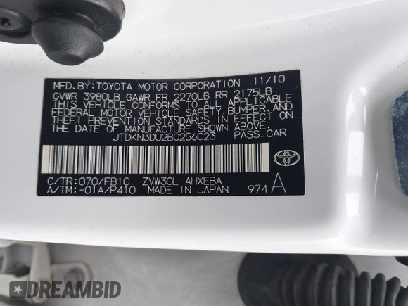 2011 Toyota Prius I with VIN JTDKN3DU2B0256023, listed as a IAAI auction lot 41979784 with Not Provided miles. Bid and sale history available at carsss.com. Image 9.