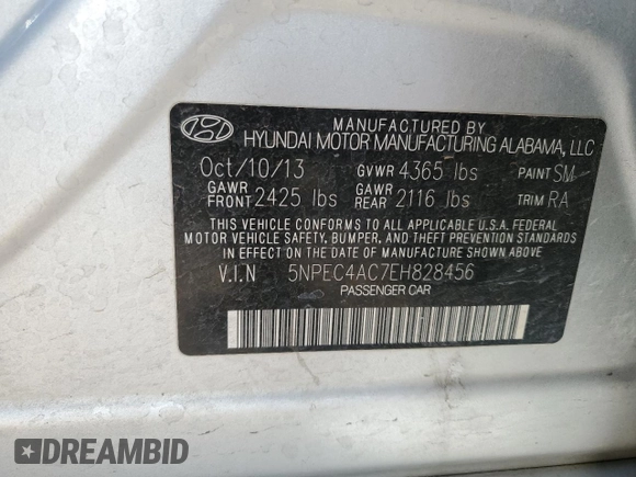 2014 Hyundai Sonata SE with VIN 5NPEC4AC7EH828456, listed as a Copart auction lot 51327875 with 162,843 mi miles and Salvage Title. Bid and sale history available at DreamBid. Image 12.