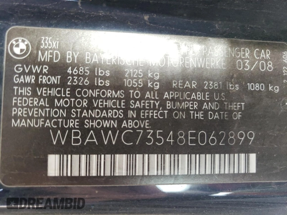 2008 BMW 3 Series 335xi with VIN WBAWC73548E062899, listed as a Copart auction lot 58737244 with 116,295 mi miles and Salvage Title. Bid and sale history available at carsss.com. Image 12.