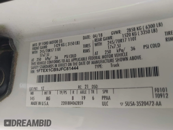 2018 Ford F-150 XL with VIN 1FTEX1CB9JFC81444, listed as a IAAI auction lot 42711062 with 215,224 mi miles and . Bid and sale history available at DreamBid. Image 9.