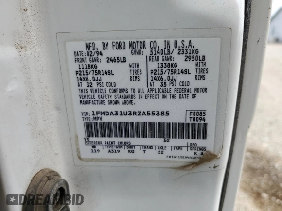 1994 Ford Aerostar z VIN 1FMDA31U3RZA55385, wystawiony jako Copart lot #54246685 z przebiegiem 229 036 mil mil oraz Szkoda całkowita • Salvage title. Historia ofert i sprzedaży dostępna na DreamBid. Obrazek 14.