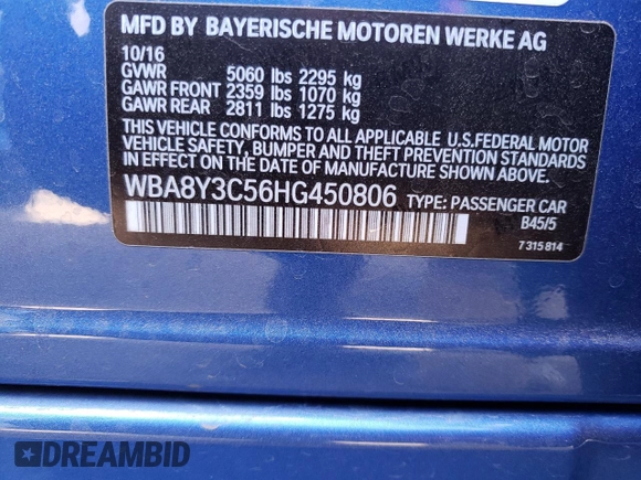 2017 BMW 3 Series 340i xDrive with VIN WBA8Y3C56HG450806, listed as a Copart auction lot 46110303 with 46,844 mi miles and . Bid and sale history available at carsss.com. Image 12.