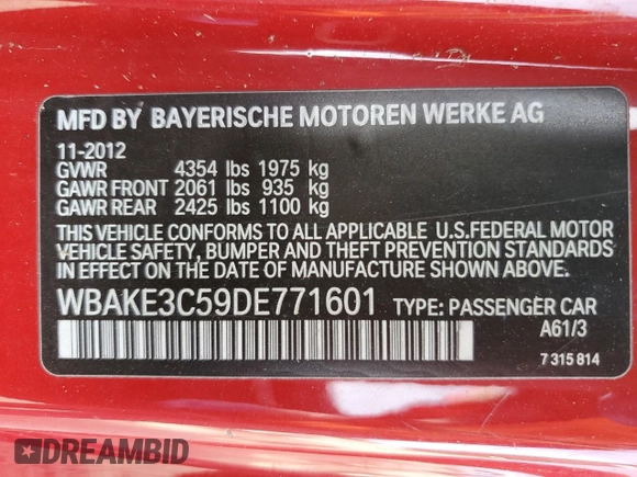 2013 BMW 3 Series 328i with VIN WBAKE3C59DE771601, listed as a Copart auction lot 79401984 with 268,063 mi miles and Clean Title. Bid and sale history available at DreamBid. Image 12.