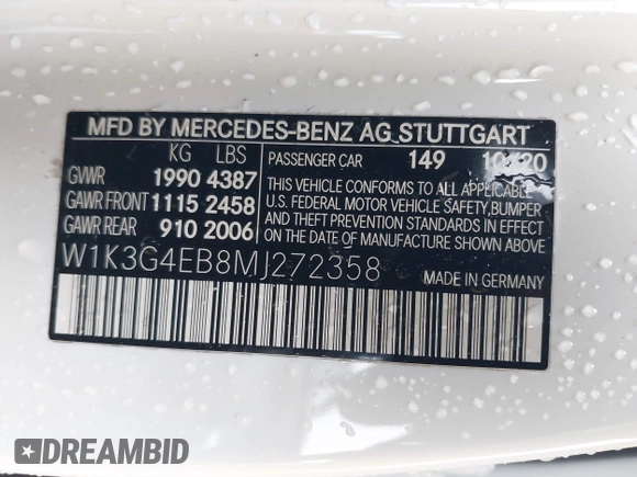 2021 Mercedes-Benz A 220 with VIN W1K3G4EB8MJ272358, listed as a IAAI auction lot 41765266 with 81,639 mi miles and . Bid and sale history available at DreamBid. Image 9.