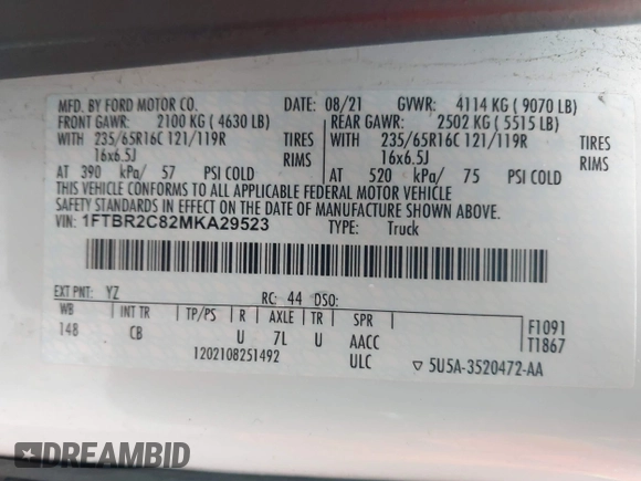 2021 Ford Transit Cargo with VIN 1FTBR2C82MKA29523, listed as a IAAI auction lot 41069336 with 195,397 mi miles and . Bid and sale history available at DreamBid. Image 9.