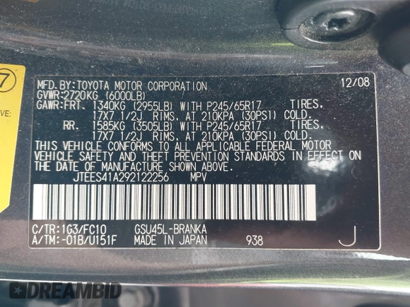 2009 Toyota Highlander z VIN JTEES41A292122256, wystawiony jako IAAI lot #42466861 z przebiegiem 271 867 mil mil oraz . Historia ofert i sprzedaży dostępna na DreamBid. Obrazek 9.