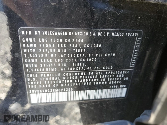 2024 Volkswagen Taos S с VIN 3VV8X7B22RM021255, выставлен на аукционе Copart как лот 48367415 с пробегом 15 818 миль миль и Списание • Salvage title. История ставок и продаж доступна на DreamBid. Изображение 14.