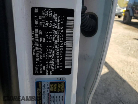 2016 Kia Sorento LX with VIN 5XYPG4A3XGG051455, listed as a Copart auction lot 85659544 with 167,818 mi miles and Salvage Title. Bid and sale history available at carsss.com. Image 13.