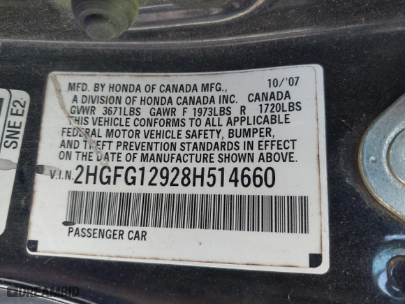 2008 Honda Civic Cpe EX-L with VIN 2HGFG12928H514660, listed as a IAAI auction lot 41876723 with 256,821 mi miles. Bid and sale history available at carsss.com. Image 9.