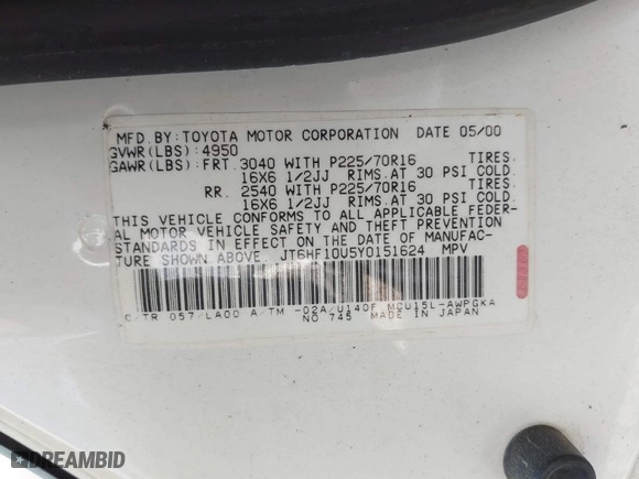 2000 Lexus RX 300 with VIN JT6HF10U5Y0151624, listed as a IAAI auction lot 41997532 with 211,654 mi miles. Bid and sale history available at carsss.com. Image 9.
