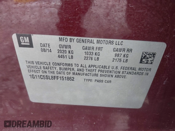 2015 Chevrolet Malibu LT with VIN 1G11C5SL8FF151862, listed as a IAAI auction lot 42022082 with 151,872 mi miles and . Bid and sale history available at DreamBid. Image 9.