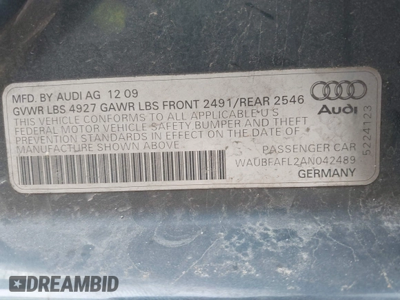 2010 Audi A4 2.0T Premium with VIN WAUBFAFL2AN042489, listed as a IAAI auction lot 41790066 with 162,287 mi miles. Bid and sale history available at carsss.com. Image 9.