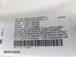 2024 Honda Accord Sport-L with VIN 1HGCY2F7XRA062083, listed as a IAAI auction lot 42268599 with 16,794 mi miles and . Bid and sale history available at DreamBid. Image 9.
