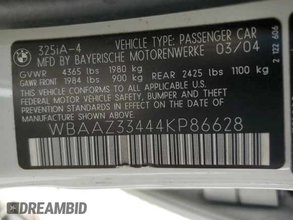 2004 BMW 3 Series 325i with VIN WBAAZ33444KP86628, listed as a Copart auction lot 59494984 with 106,078 mi miles and Salvage Title. Bid and sale history available at carsss.com. Image 12.