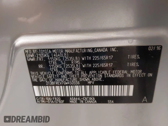 2016 Toyota RAV4 LE with VIN 2T3BFREV7GW450556, listed as a IAAI auction lot 41815720 with 106,734 mi miles. Bid and sale history available at carsss.com. Image 9.