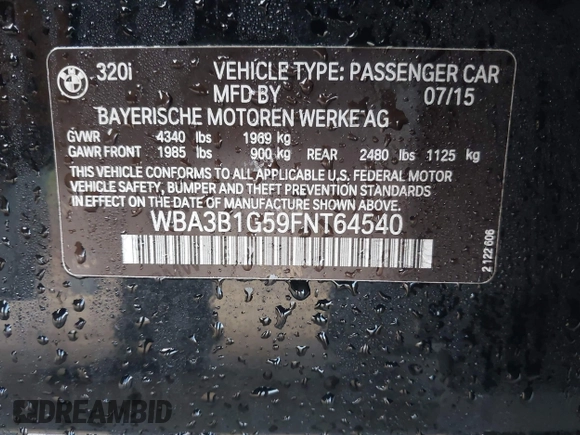 2015 BMW 3 Series 320i with VIN WBA3B1G59FNT64540, listed as a IAAI auction lot 41654543 with 64,172 mi miles. Bid and sale history available at carsss.com. Image 9.
