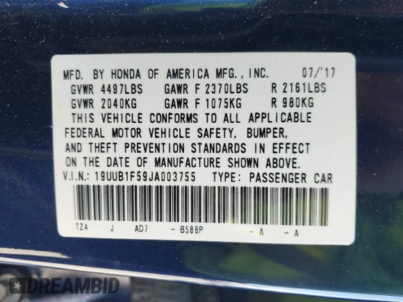 2018 Acura TLX w/Technology Pkg with VIN 19UUB1F59JA003755, listed as a IAAI auction lot 41579263 with 73,161 mi miles. Bid and sale history available at carsss.com. Image 9.